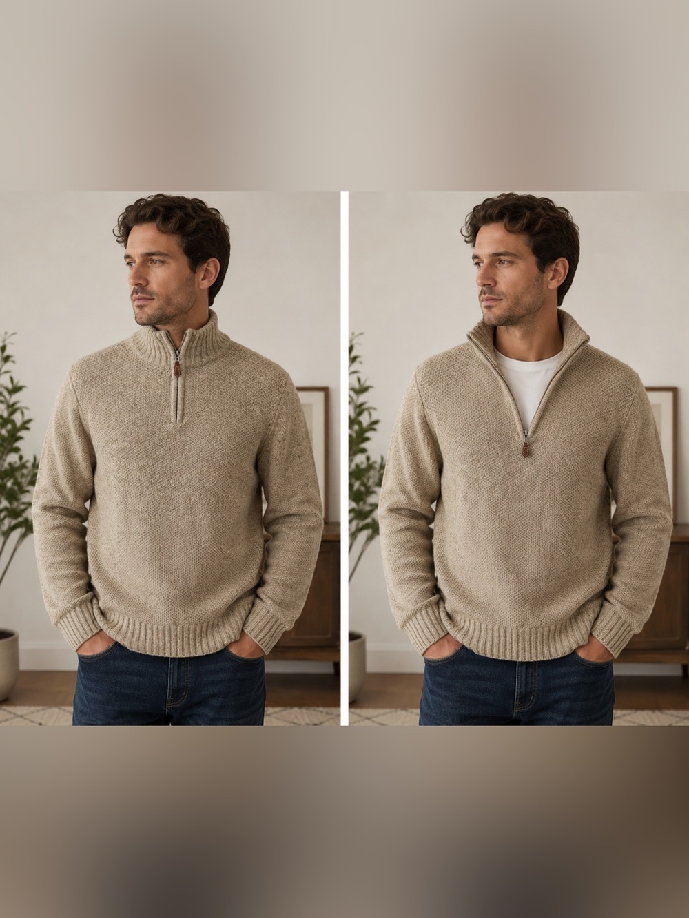 Men's Half-Zip Wool Sweater Pullover - Beige Large